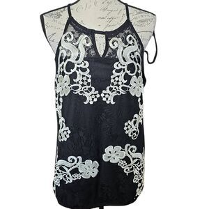 INC International Concepts Women's Sz L Black White Lace Embellished Halter Top
